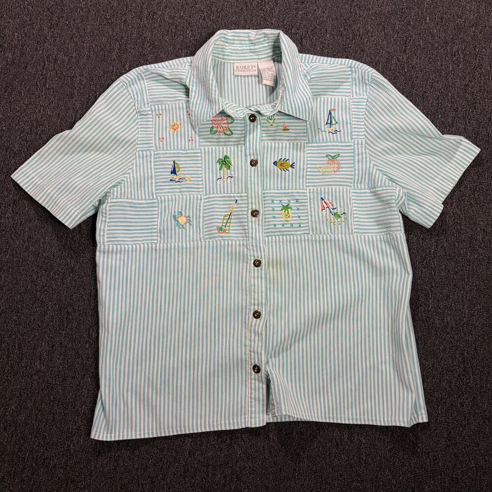 Vintage Y2k Pinstriped Blue Coastal Embroidered Beach Button Front Shirt M